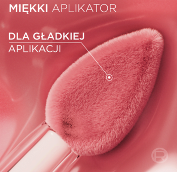 Miękki, puszysty aplikator olejku-serum L’Oréal Paris Hyaluron Tint w zbliżeniu, z tekstem 'DLA GŁADKIEJ APLIKACJI'.
