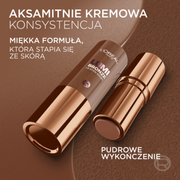 Bronzer L'Oréal Lumi Le Bronze w dwóch miedzianych sztyftach, kremowo-pudrowa formuła, widok z góry pod kątem.