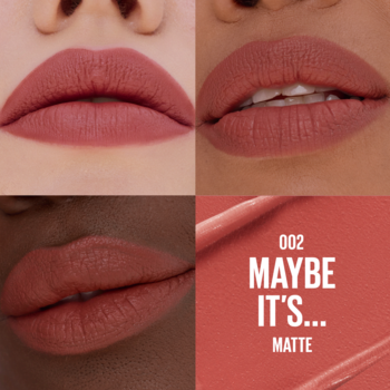Kolaż: matowa szminka Maybe It's Maybelline na ustach w odcieniach różu/koralu, z opisem 002 Maybe It's Matte.