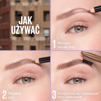Instrukcja użycia Quick Shaper Brow: 3-etapowy tutorial rysowania, wypełniania i stylizacji brwi kredką i szczoteczką.