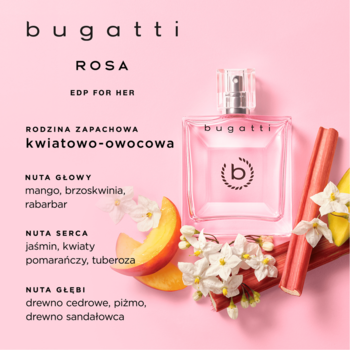 Różowa butelka perfum Bugatti Rosa, ukośnie ustawiona, otoczona owocami i kwiatami. Damska woda perfumowana owocowo-kwiatowa.