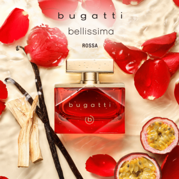 Damska woda perfumowana Bugatti Bellissima Rossa, czerwona butelka z wanilią, marakują i różami. Z góry.