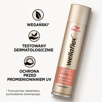 Lakier Wellaflex Frizz Control w złotej butelce aerozolu, pod kątem. Cechy: wegański, testowany dermatologicznie, ochrona UV.