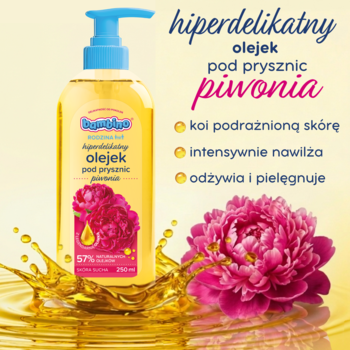 Bambino hiperdelikatny olejek pod prysznic Piwonia, żółta butelka z pompką, na tle złocistego oleju i piwonii.