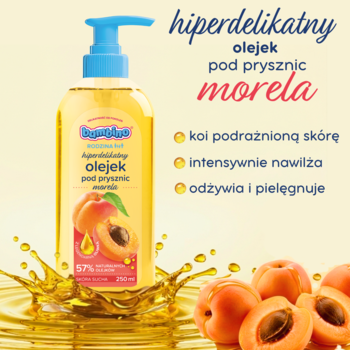 Żółty olejek pod prysznic Bambino Morela z niebieską pompką, widok z przodu, otoczony morelami i kroplami oleju.