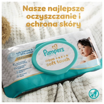 Pampers Aqua Soft Touch chusteczki nawilżane, biało-turkusowe opakowanie, widok z góry na logo i 99% wody.