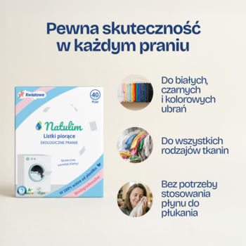 Biało-niebieskie opakowanie Natulim Ekologiczne listki piorące, z opisem działania do wszystkich tkanin bez płynu.