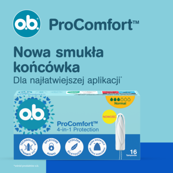 o.b. ProComfort tampony 4-in-1 Protection, niebieskie opakowanie z nową smukłą końcówką dla łatwej aplikacji.