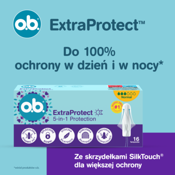 Opakowanie o.b. ExtraProtect z tamponami SilkTouch, 100% ochrony na dzień i noc, widok z przodu.