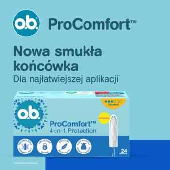 Niebieskie opakowanie ob ProComfort tamponów z wyróżnioną nową smukłą końcówką dla łatwej aplikacji.