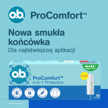 Ob ProComfort 16 tamponów Super Plus. Niebieskie opakowanie z nową, smukłą końcówką dla łatwej aplikacji.
