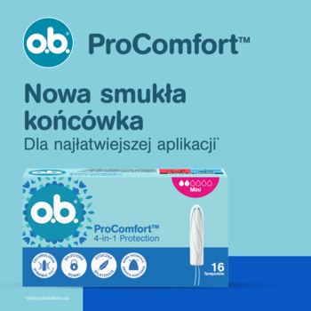 o.b. ProComfort™ tampony Mini 16 sztuk w błękitnym opakowaniu, z nową smukłą końcówką dla łatwej aplikacji.