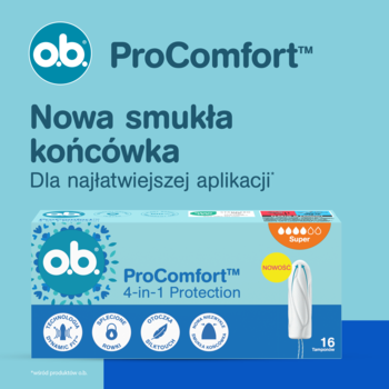 Opakowanie tamponów o.b. ProComfort 4-in-1 Protection Super 16 szt. z widoczną nową smukłą końcówką na jasnoniebieskim tle.