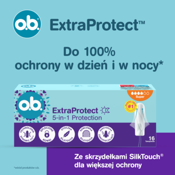 Pudełko tamponów o.b. ExtraProtect 5-in-1 Protection w bieli i fiolecie, z hasłem 100% ochrony, z prawej widoczny tampon.