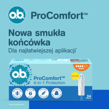 o.b. ProComfort Super tampony w niebieskim pudełku, z wyróżnioną nową smukłą końcówką dla łatwej aplikacji.