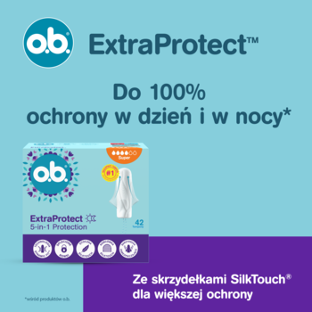 o.b. ExtraProtect tampony, białe opakowanie z SilkTouch, 5-in-1, widok z przodu na turkusowym tle.