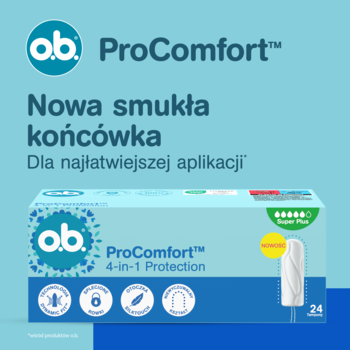 o.b. ProComfort 4-in-1 Protection, opakowanie 24 tamponów z nową smukłą końcówką dla łatwej aplikacji.