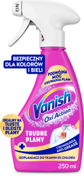 Vanish Oxi Action odplamiacz 250 ml, różowa butelka ze spryskiwaczem. Usuwa trudne, tłuste plamy, widok z przodu.