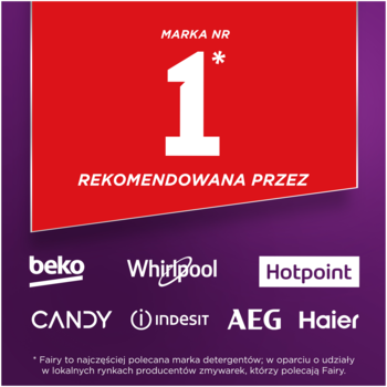 Czerwono-fioletowa grafika: marka Fairy nr 1 rekomendowana przez producentów zmywarek Beko, Whirlpool, Hotpoint.