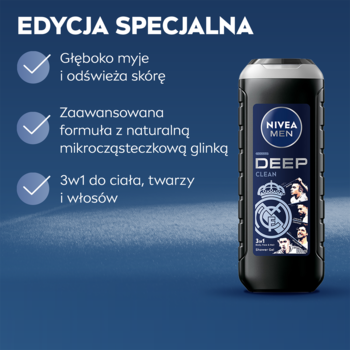 NIVEA MEN DEEP Special Edition 3w1 żel pod prysznic z glinką, czarna butelka z logo Real Madrid na ciemnym tle.