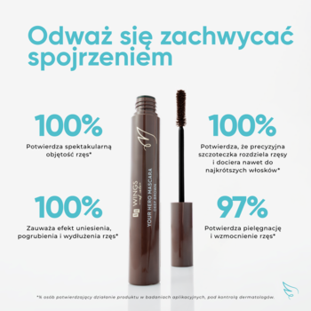 Brązowy tusz AA Wings of Color Trust Your Wings Your Hero Mascara Deep Brown, z otwartym aplikatorem, obok 100% opisów efektów.