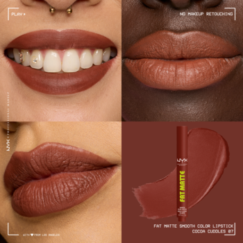 Kolaż: NYX Fat Matte Slick Click w odcieniu Cocoa Giggles #7 na ustach modelek i próbka matowej pomadki.