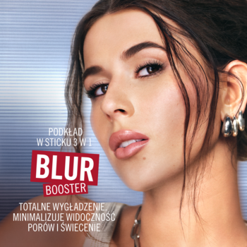 Modelka z perfekcyjną cerą reklamuje matujący podkład w sticku Rimmel Multi Tasker Blur Booster, minimalizujący pory.