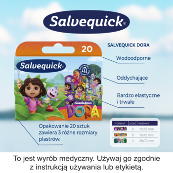 Salvequick Dora, 20 wodoodpornych plastrów dla dzieci z motywem Dora the Explorer, widok na pudełko.