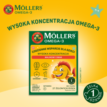 Möllers Omega-3 Rybki Wysoka Koncentracja, malinowe żelki z Omega-3 i wit. D, front opakowania.