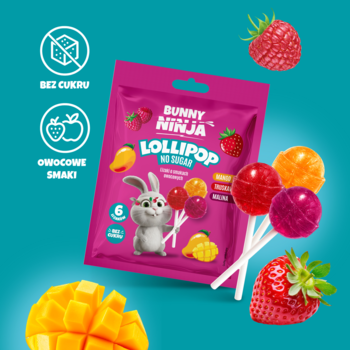 Różowe opakowanie Bunny Ninja No Sugar Lollipops z królikiem, 6 owocowych lizaków i owocami na turkusowym tle.