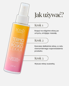Butelka Bosko Lekka termoochrona do włosów, gradient róż-pomarańcz, z białym atomizerem i tekstem 'Jak używać?'.