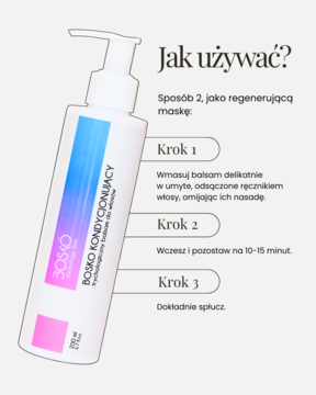 Biała butelka Bosko kondycjonującego balsamu do włosów z pompką, widok pod kątem, obok instrukcja użycia jako maski regenerującej.