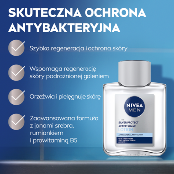 NIVEA MEN Silver Protect woda po goleniu, przezroczysta butelka z białym korkiem, na tle cech antybakteryjnych.