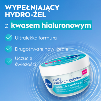 NIVEA Care Hydro-żel z kwasem hialuronowym, biały słoiczek z niebieską etykietą, na tle falującej wody.