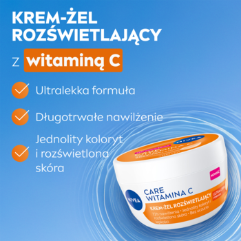 Biało-pomarańczowy słoiczek Nivea Care Krem-Żel Rozświetlający z Witaminą C, widok z boku na niebieskim tle.
