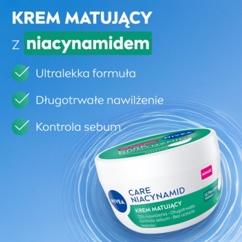 NIVEA CARE NIACYNAMID Krem Matujący z niacynamidem, biały słoiczek z etykietą, widok pod kątem.
