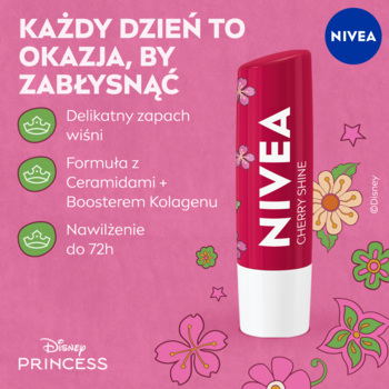 Nivea Cherry Shine Disney Princess lip balm, czerwona tubka, nawilżający o zapachu wiśni, na różowym tle.