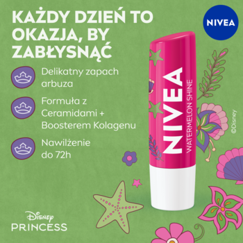 NIVEA Watermelon Shine pomadka w sztyfcie, różowa z zielonymi wzorami, na zielonym tle z motywami Disney.