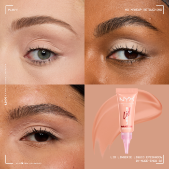 NYX Lid Lingerie In-Nude-Endo, kremowy cień 24H. Kolaż: oczy z cieniem, tubka z różowym akcentem i swatch.