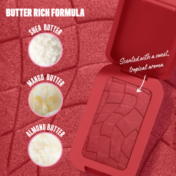 Buttermelt Blush: otwarty czerwony róż do policzków z wytłaczanym wzorem, obok masła shea, mango, migdałowe.
