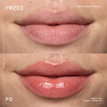 Smushy SOS maska do ust: zbliżenie ust przed (naturalne) i po (błyszczące, brzoskwiniowo-różowe, nawilżone).