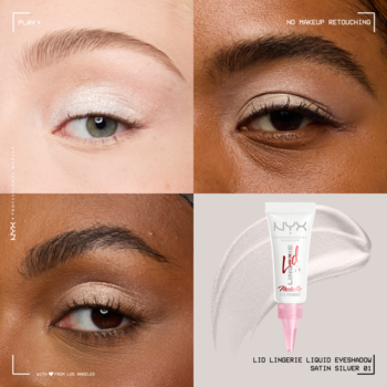 NYX Lid Lingerie Liquid Eyeshadow Satin Silver. Tubka produktu i trzy zbliżenia oczu z kremowym cieniem.