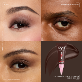 NYX Lid Lingerie Liquid Eyeshadow Mocha Mesh: kolaż z aplikacją na oczach, tubka z aplikatorem i brązowy swatch.