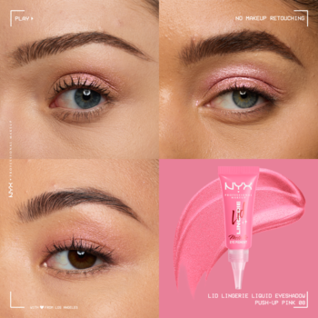 NYX Lid Lingerie Push-Up Pink, kremowy cień w tubce na różowym tle, oraz trzy zbliżenia oczu z makijażem.