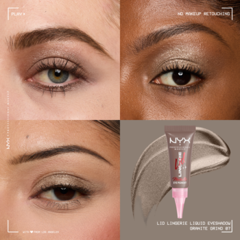 NYX Lid Lingerie Granite Grind, metaliczny kremowy cień na powiekach trzech osób i tubka z aplikatorem.