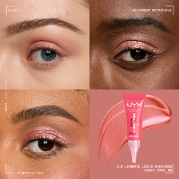 NYX Lid Lingerie Liquid Eyeshadow Cherry Coral 05: kolaż zbliżeń oczu z różowym cieniem i tubka z pędzelkiem.