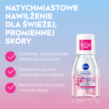 NIVEA Micellar Rose Care, różany płyn micelarny w butelce, na tle z kluczowymi korzyściami produktu.