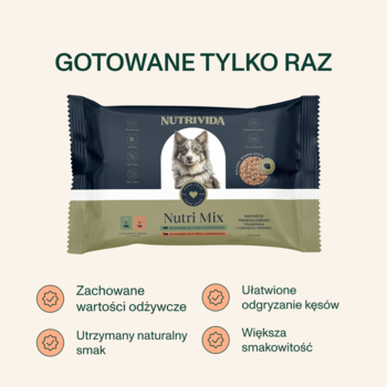 NutriMix mokra karma dla psa: dwie saszetki (dziczyzna/jagnięcina), hasło 'GOTOWANE TYLKO RAZ', ikony korzyści.