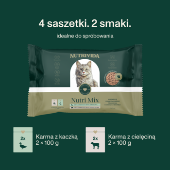 Zestaw karmy dla kota Nutrivida Nutri Mix, 4 saszetki (kaczka, cielęcina 2x100g), zielono-beżowy, przód.