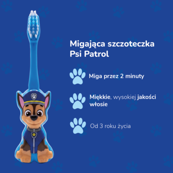 Niebieska migająca szczoteczka Mr. White Psi Patrol z figurką Chase'a 3D, miękkie włosie dla dzieci od 3 lat.